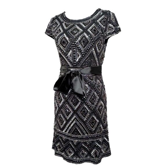 Adrianna Papell Beaded Mesh Sheath Dress Black Silver Sequin Art Deco Mod Mini - Picture 3 of 15